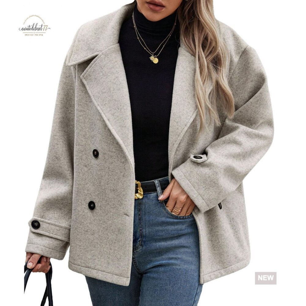 Cropped Wool Pea Coat Double Breasted Trench Blazer Jacket Winter